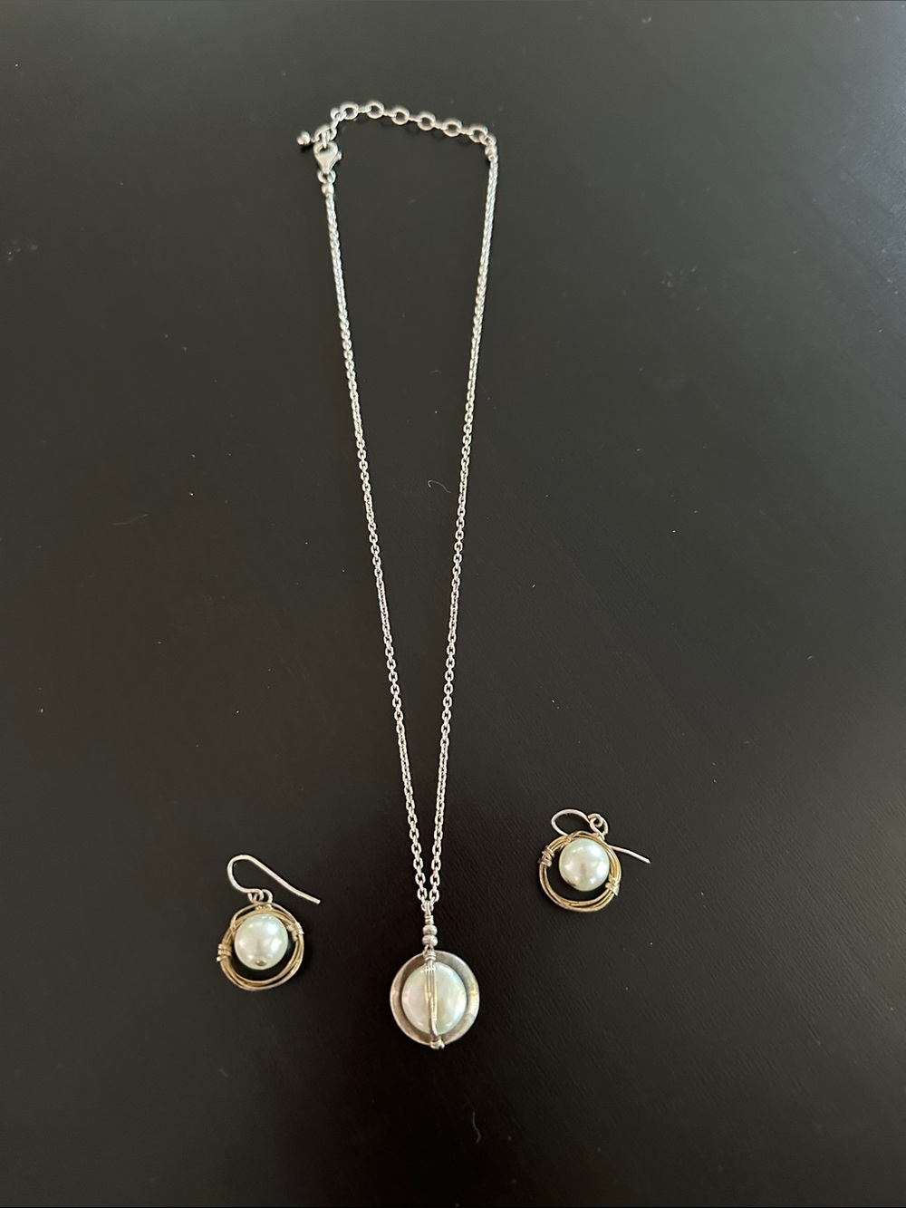 Silver and Pearl Necklace and Earrings